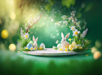 Poster - Springtime Easter scene: Two fluffy white rabbits nestled amongst vibrant flowers, colorful eggs, and lush green grass on a circular platform.  A dreamy, bokeh-filled background enhances the festive m