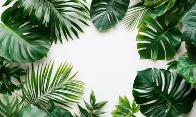 Wall Mural - front view blank mock up of photo frame on white background, tropical palm leaves. summer concept.