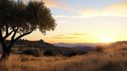 Poster - Serene sunset over rolling hills and a solitary tree.