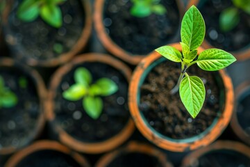 Wall Mural - Seedlings growing in pots, symbolizing new beginnings, growth, and potential