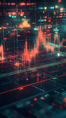 Poster - Financial data processing and stock market analysis displayed on a computer screen with glowing red candlestick chart and code