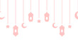 © Gebbi Mur - Pink garland for Ramadan. Crescent, star, lantern and Moroccan candlesticks. Seamless horizontal vector border. Hanging decoration for Ramadan. Festive curtains on threads of different lengths.