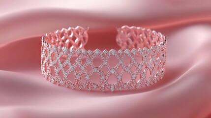 A bold diamond choker with intricate patterns on a soft rose gradient background