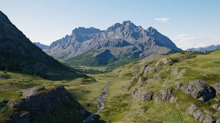 Poster - Scenic mountain landscape with a flowing river and lush greenery.