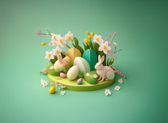 Poster - A charming 3D rendering of pastel-colored Easter eggs and bunnies nestled amongst spring blossoms on a green circular base.  The scene is minimalist and cheerful.