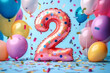 © Jack - 2nd birthday card. Large, colorful number two with confetti and balloons around it, celebrating a birthday or a similar event.