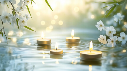 Serene Spa Ambiance Water, Candles, and White Blooms