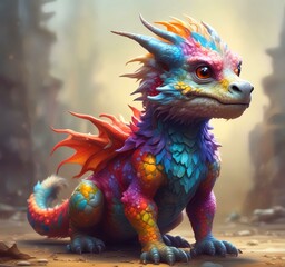 Wall Mural - Illustration of fluffy tiny dragon baby.