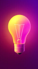 Aufkleber - Light bulb glowing with purple and yellow colors on a purple and pink background, representing innovation and new ideas