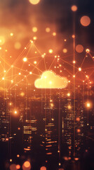 Fototapete - Cloud computing network and data exchange over night cityscape, internet of things and smart city concept