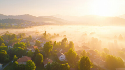 Wall Mural - serene sunrise over misty valley, showcasing lush trees and houses. soft light creates tranquil atmosphere, perfect for nature lovers