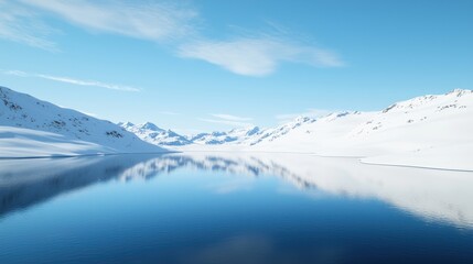 Poster - Serene winter landscape with snow-covered mountains and reflection.