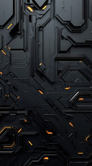 Fototapete - Intricate network of black metallic components illuminated by glowing orange lights, forming a futuristic technological pattern