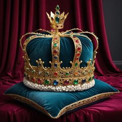 Wall Mural - Majestic King's Crown Adorned with Gemstones and Intricate Gold Filigree on a Velvet Cushion