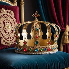 Wall Mural - Majestic King's Crown Adorned with Gemstones and Intricate Gold Filigree on a Velvet Cushion