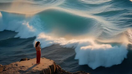 Wall Mural - Woman standing on a rock near the ocean with high waves