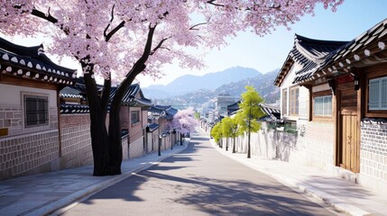 Wall Mural - Cherry Blossom Street in Korean Village