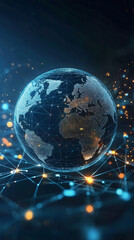 Aufkleber - Digital world map showing connections between continents forming a global network with glowing lines and dots