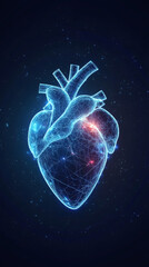 Poster - Low poly human heart is glowing on dark blue background with particles, concept of love, health, cardiology, and medical technology