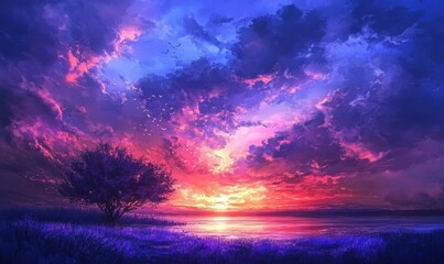 Lavender flowers standing out against the deep blues and purples of a dramatic sunset sky