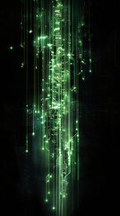 Fototapete - Vertical green glowing lines and dots falling on dark background, representing electronic circuit board, technology and communication