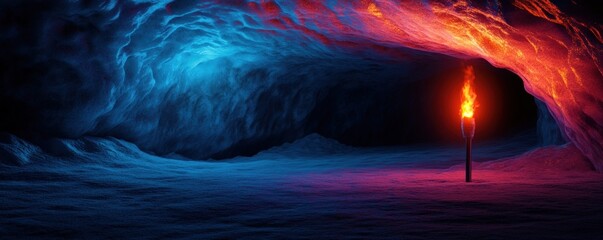 Wall Mural - Enigmatic Cave: A Torch's Glowing Embrace in a Mystical Realm