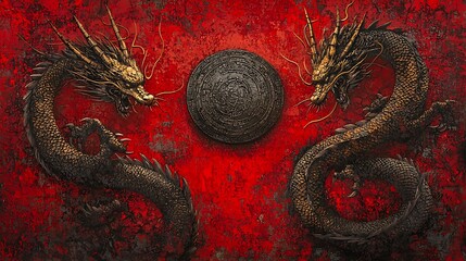 A detailed view of golden dragons entwined around a textured Chinese coin, their shimmering scales reflecting light on a vivid red background