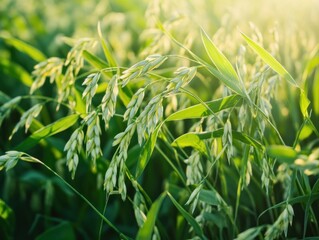 Close up of Oats growing in a field with sunlight casting a warm glow on the plant