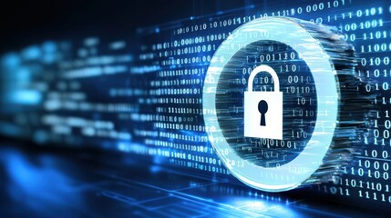 secure vault symbolizing information protection with digital elements, showcasing padlock and binary