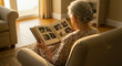 © Patrick - Elderly woman reminiscing while looking through photo album in cozy living room, warm sunlight and nostalgic atmosphere. Family, memories, and reflection for heritage and storytelling themes