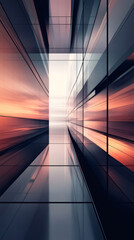 Poster - Glass corridor reflecting warm sunset glow, casting futuristic architectural ambiance