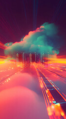 Poster - Futuristic cityscape skyline emerging from colorful cloud representing cloud computing and data storage