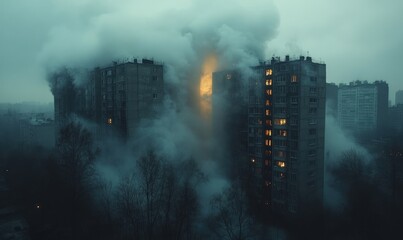 Poster - Foggy city, burning building, ominous scene.