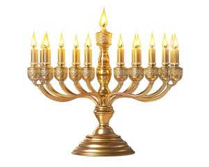 Wall Mural - golden menorah with lit candles, isolated on transparent or white background.
