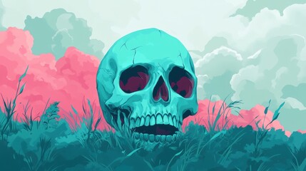 Wall Mural - Teal Skull Amidst Pastel Clouds and Grass