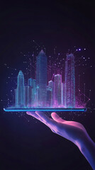 Poster - Holographic projection of smart city buildings appearing on a tablet held by a hand, symbolizing innovation and future technologies