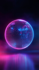 Aufkleber - Futuristic digital world globe rotating in space with glowing dots and network connections, reflecting on a surface