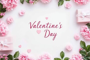 Wall Mural - A whimsical Valentine's Day scene adorned with vibrant pink flowers and delightful gifts, radiating love and joy against a crisp white backdrop.