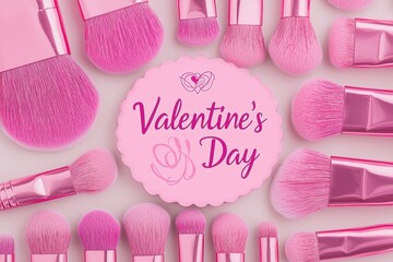 Wall Mural - A delightful array of makeup brushes nestled together, adorned with a charming pink heart, perfect for celebrating love and beauty this Valentine's Day.