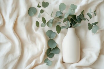 Poster - A matte white ceramic bottle holds fresh eucalyptus leaves, elegantly arranged on soft beige linen fabric, creating a serene, modern aesthetic perfect for showcasing products