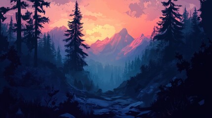 Wall Mural - Serene Sunset Over Majestic Mountain Range And Forest