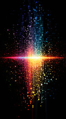 Poster - Vibrant particles bursting dynamically, generating luminous energy against dark monochromatic surface