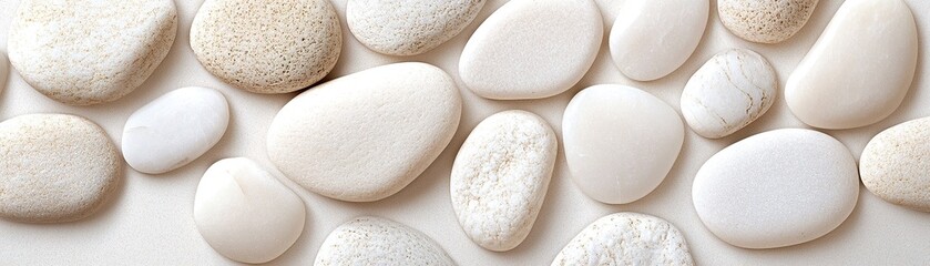 Poster - Smooth white and beige pebbles are artfully arranged on a clean, matte beige surface. The soft natural light creates a serene atmosphere, ideal for a calming visual experience