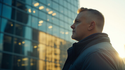 Man in winter coat against modern building. Ideal for urban professional, city lifestyle, or modern architecture.