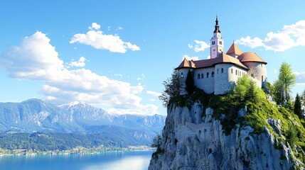 Wall Mural - Castle on a Cliff overlooking Lake and Mountains