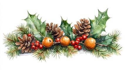 Watercolor Christmas garland with holly, pine cones, berries, and branches.