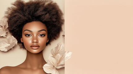 Wall Mural - Young Beauty Woman and Flowers. Luxury Fashion Portrait in Mocha Mousse Colour, Color Trend 2025, Pantone 17-1320, Artistic Photography, Radiant Skin, Neutral Tones, and Beige Background Elegance