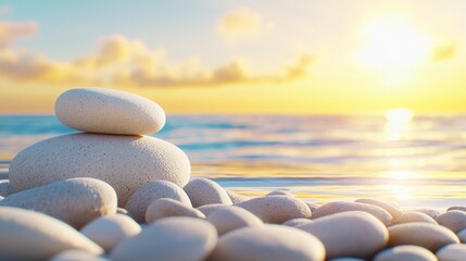 Wall Mural - Serene beach scene with smooth stones and a sunset backdrop.