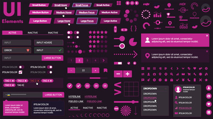 A modern UI kit featuring a collection of buttons, icons, navigation menus, and responsive design elements. Includes login forms, media players, search bars, and calendars, ideal for apps, websites