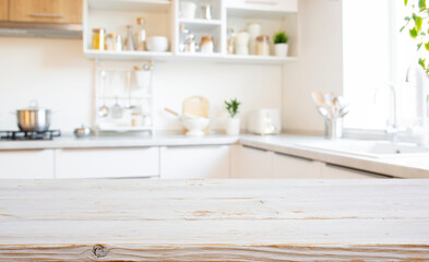 Wall Mural - old wooden table top with copy space on bright blurred kitchen interior background